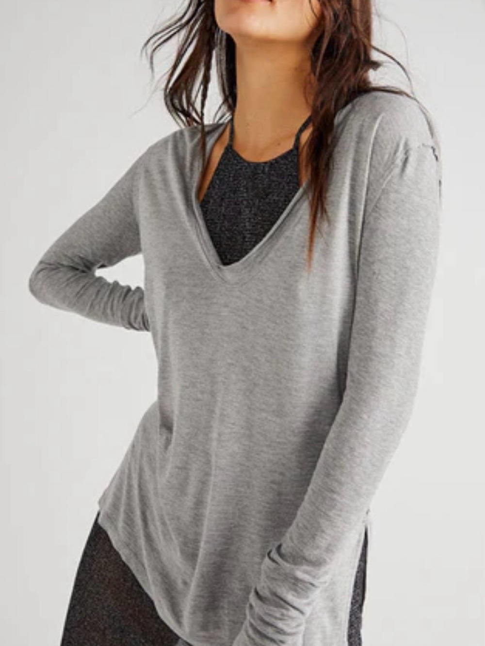 We The Free Heather Gray “Rock The Boat” V-Neck Long Sleeve Top